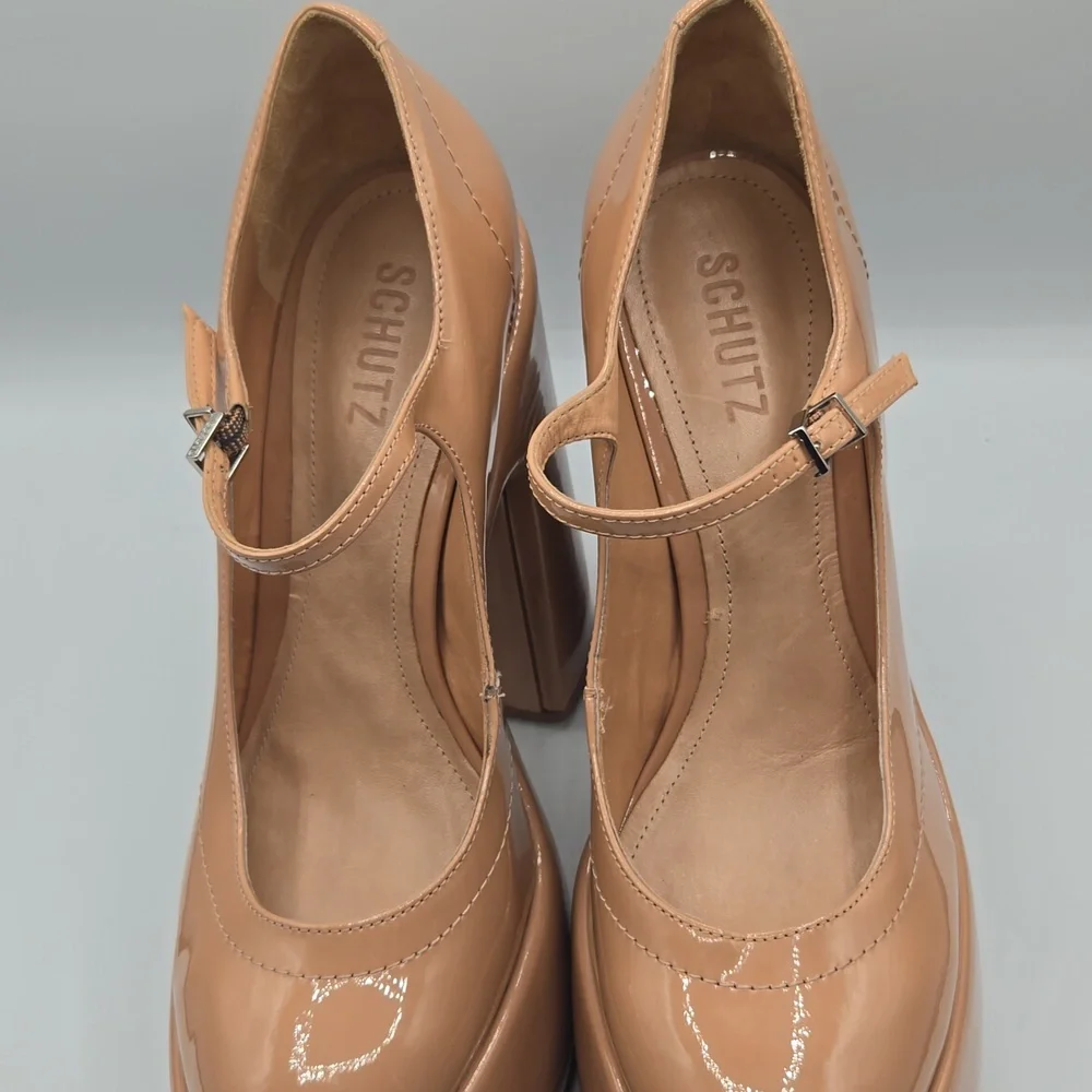 Schutz Zayne Patent Platform Mary Jane Pumps New Peach Nude Chunky Heel 70s Glam
